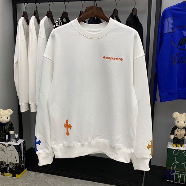 

autumn winter crosin embroidered cross leather pullover for men and women, White