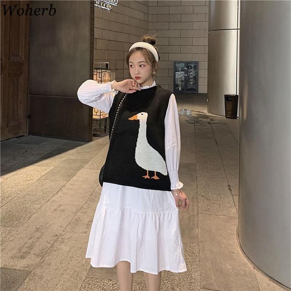 

woherb women sweater sleeveless knitted vest vintage cartoon animal print pullover 2020 autumn new knitted gilet casual, White;black
