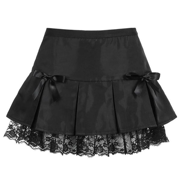 

women dark gothic pleated black cute bowknot floral lace mini skater skirt f42f