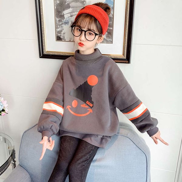 

high half girls' collar warm thickened sweater 2020 winter children's new striped cartoon print pullover, Black
