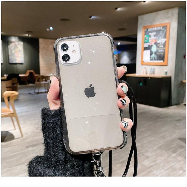 

lanyard necklace cross shoulder phone case for iphone 12 11pro max x xr xs max 7 8 plus glitter transparent anti-d qyloqk