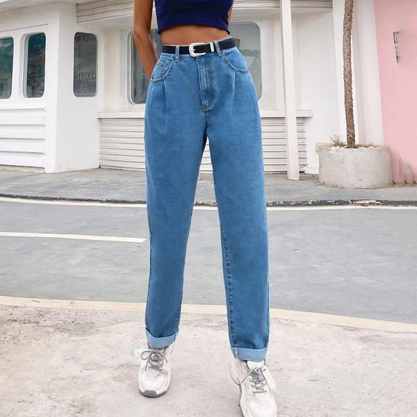 

blue denim trousers women 2021 high waist straight leg with pockets zipper button ladies casual vintage washed skinny jeans