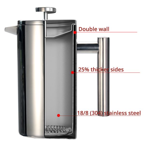 

french press maker - stainless steel coffee pot, double wall vacuum isnulated, portable glass tea brewer with filter q1218