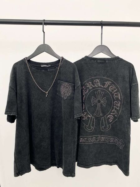 

new crosin wash worn cross diamond necklace men's and women's cotton gray fairy short sleeve t-shirt, Black