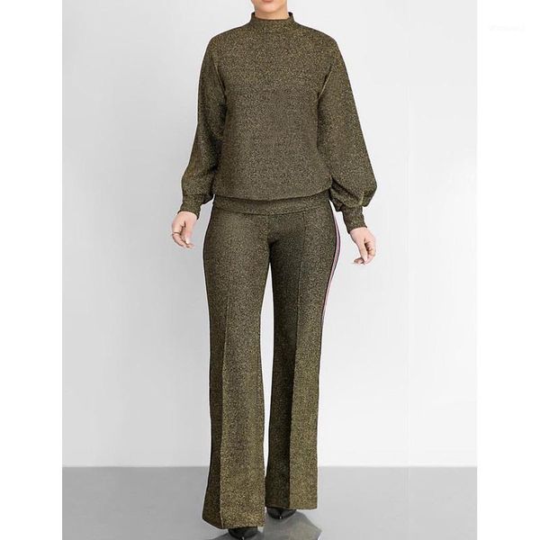 

elegant vintage office lady two piece set lantern sleeve stand neck and patchwork pant set1, Gray