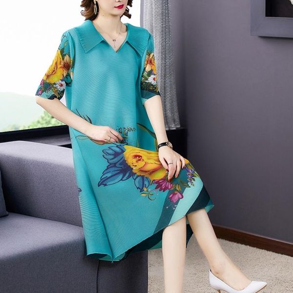 

Retro Pleated Dress Loose Large Size Mid-length Print Dress, Black;pink