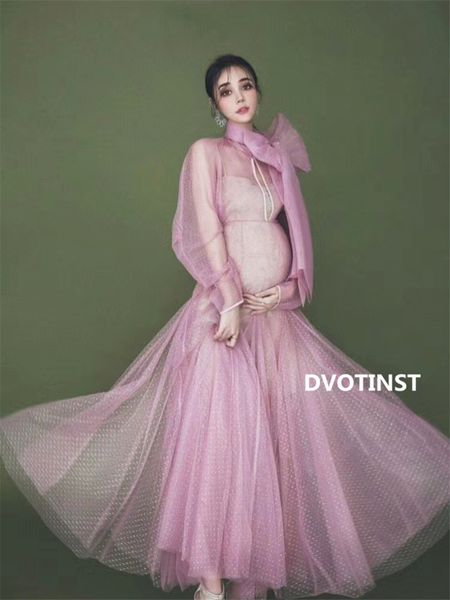 Dvotinst Kadınlar Fotoğrafçılık Sahne Annelik Elbiseler Pembe Perspektif Mesh Gebelik Zarif Elbise Stüdyo Photoshoot Fotoğraf Elbise LJ201123