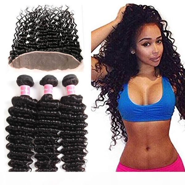 

cuticle aligned brazilian deep wave curly virgin human hair 3 bundles with frontal 13*4 lace closure ear to ear, Black;brown