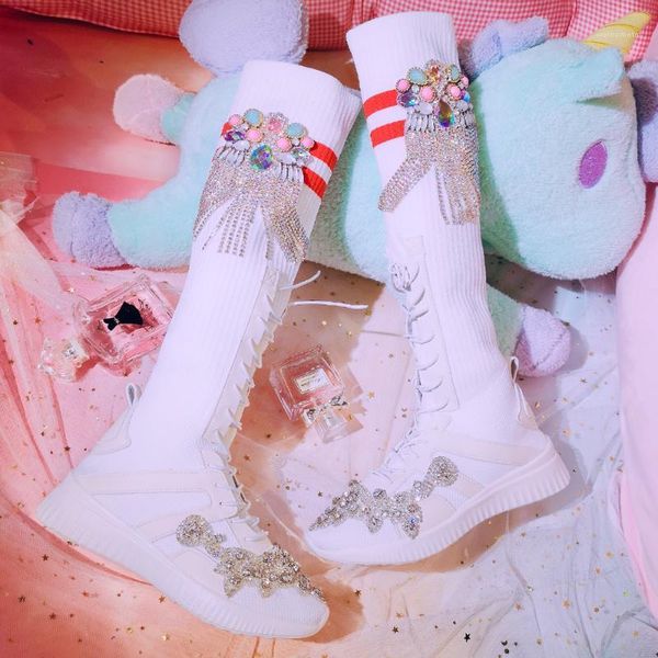 

women's knitted knee high boots flat casual shoes rhinestones lace up b3071, Black