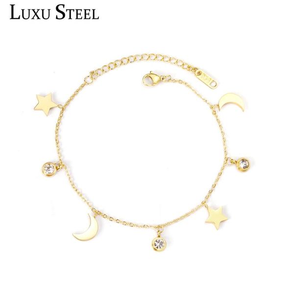 

link, chain luxusteel stainless steel star moon round cubic zirconia pendants women link chains bracelets simple gold extender, Black