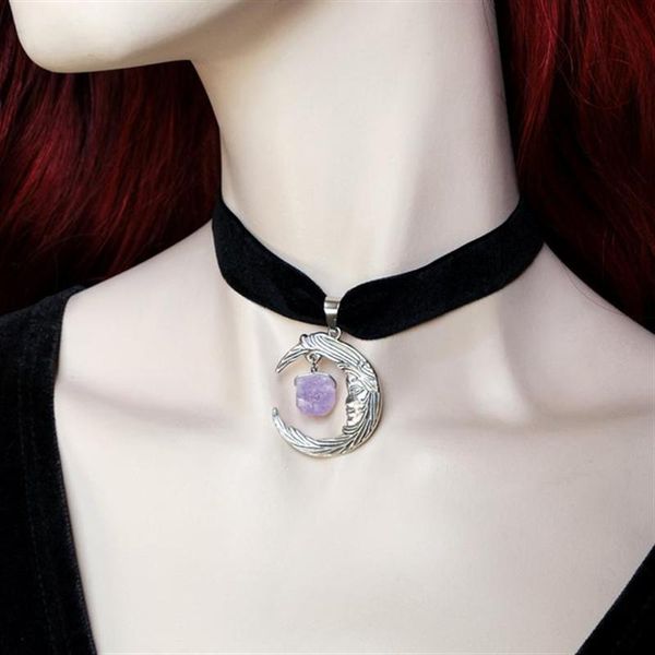 

velvet choker moon purple raw stone big pendant crescent thick witch jewelry fashion women gift new friend, Golden;silver