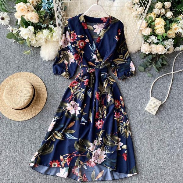 

2020 vintage slim v neck spring autumn floral print midi long irregular bandage dress women 3/4 sleeve high waist elegant dress1, Black;gray