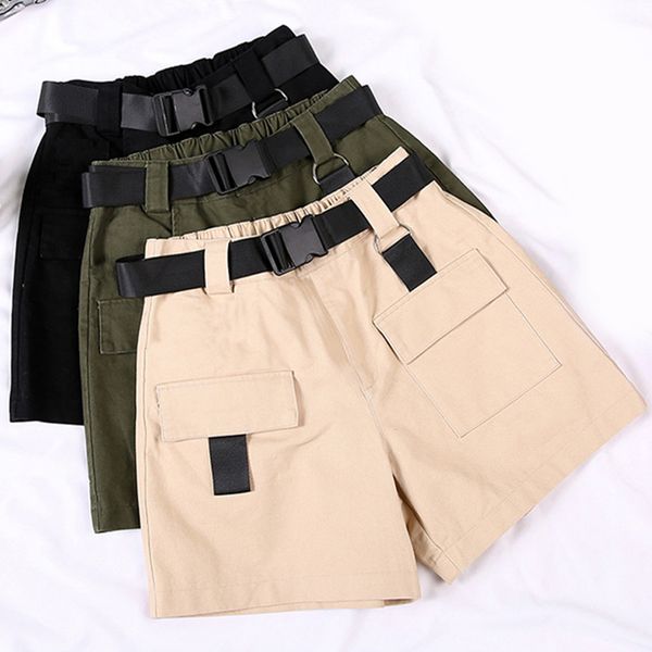 

2019 summer women's shorts with belt female high waist large pocket cargo shorts plus size s-2xl cotton shorts spodenki damskie y200512, White;black