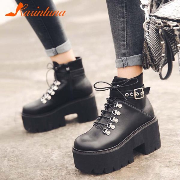 

plus size 34-39 leisure shoes women 2021 new arrivals round toe buckle straps rivet shoelace platform gothic punk ankel booties, Black