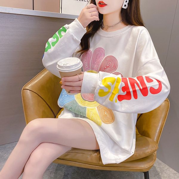

new korean version sweater of autumn 2020 sweater women ins flower smile print crew neck fashion large women's wear tlzkj, Black
