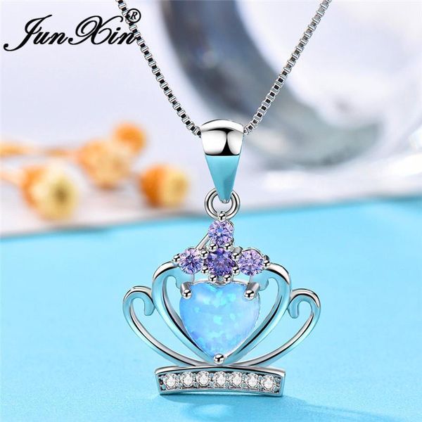 

pendant necklaces junxin cute crown blue white fire opal for women silver color purple zircon heart choker jewelry1