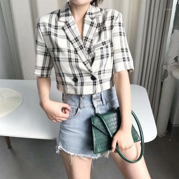 

kumsvag 2020 summer women casual plaid blazers short sleeve double breasted short blazer female street sweet blazers coat cloth1, White;black