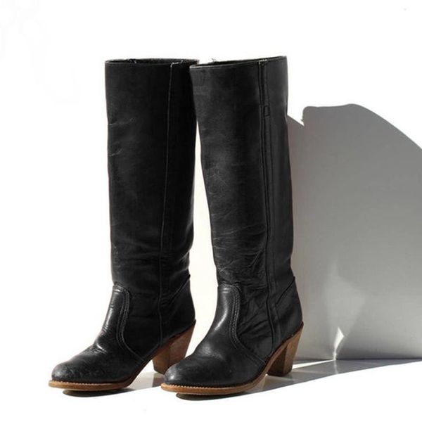 

snow boots women fashion cowboy riding boots retro casual large size knee tube shoes winter ladies shoes square heels, Black