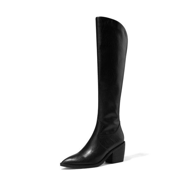 

boots 2021 autumn winter pointed toe zipper women shoes pu leather square heel all match knee high big size 34-43, Black