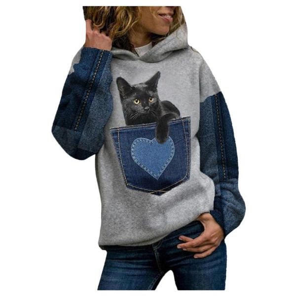 

sudaderas старинные женщины повседневная зимнее животное принт с длинным рукавом слияние теплые пуловеры леди толстовки тушь блюза дамска, Black
