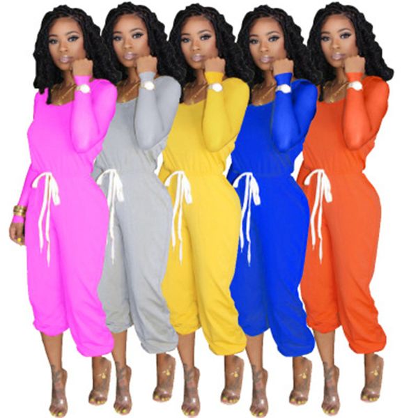 

женщины сплошной цвет костюмы тенденции моды с длинным рукавом вокруг шеи топы drawstring брюки костюмы конструктора осени женский тонкий вс, Gray