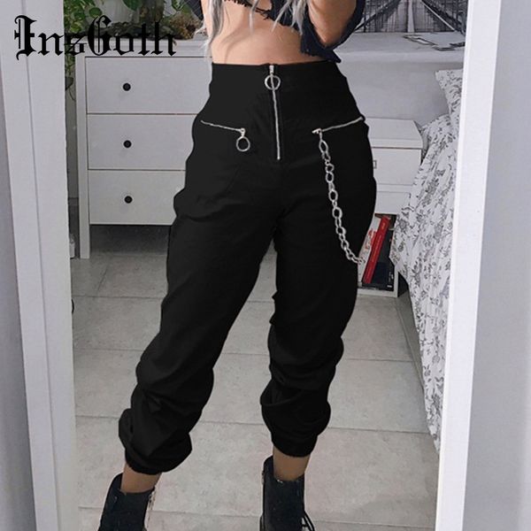 

insgoth harajuku black streetwear women casual pants gothic punk grunge harem pants with chains black female long trousers y200418, Black;white