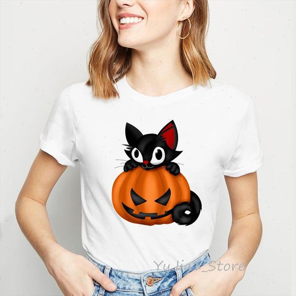 

harajuku kawaii cat pumpkin animal print tee shirt femme halloween tshirt womens summer clothing 2021 camiseta streetwear, White