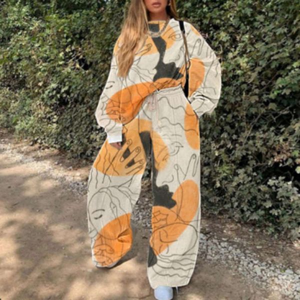 

sports set early pants autumn long new sleeve printed street trendy round neck casual fashion suit, Gray