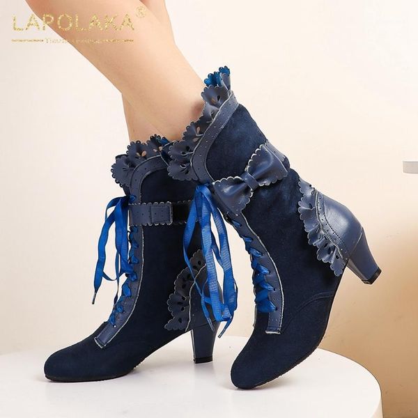 

new arrivals large sizes 43 high heels winter women shoes sweet girls bow lace shoelaces lolita cosplay ankle boots female1, Black
