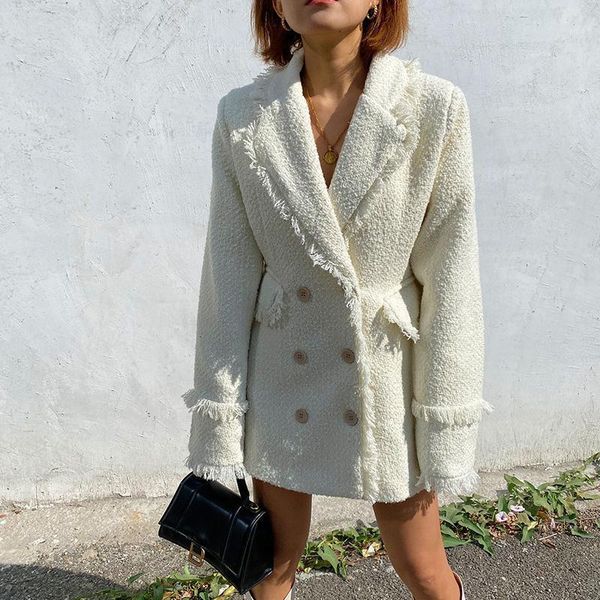 

2020 real long v-neck jaqueta feminina blazer mujer vadim women's suit spring new style fringed edging loose shoulder pad coat1, White;black