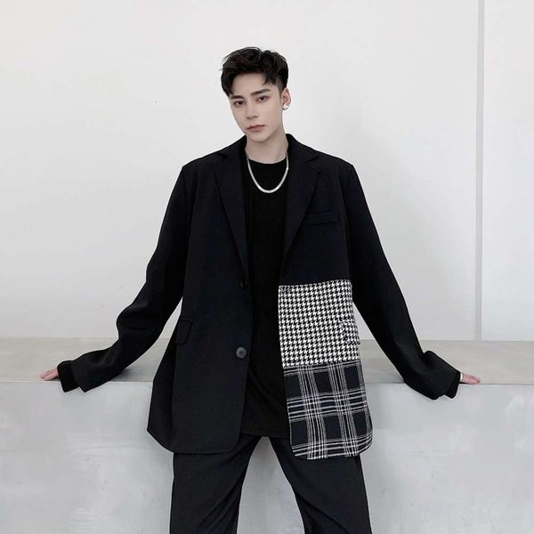 

spring and autumn plaid stitching loose suit men's korean version design short coat winter men long, Black