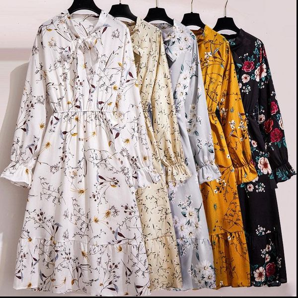 

women floral chiffon dress autumn winter long sleeve elastic waist bow collar casual elegant party office dresses vestidos, Black;gray