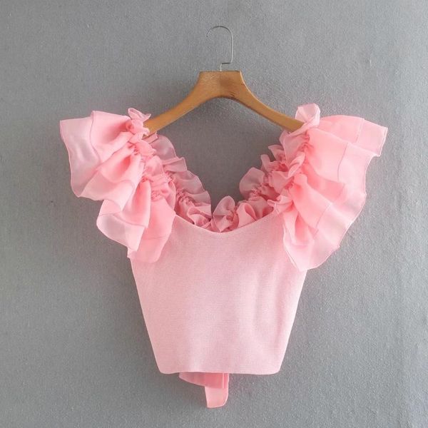 

women organza cascading ruffle sleeve knitting short sweater casual femme back bowknot pullover fashion lady slim sw850, White;black