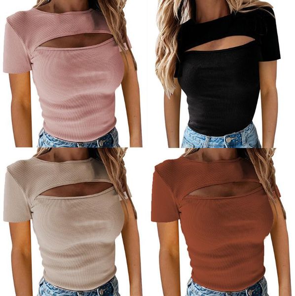 

women's t-shirt hollow short sleeve rib women's fashion, White