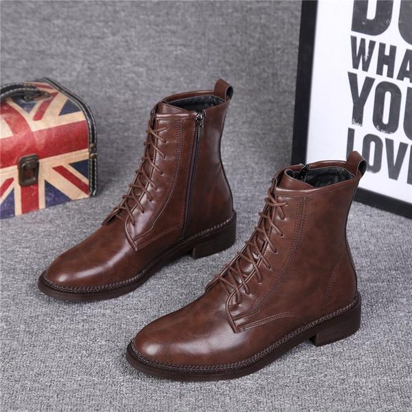 

boots 2021 autumnwinter brown trendy chunky heel short ankle round toe vintage cowhide side zipper1, Black