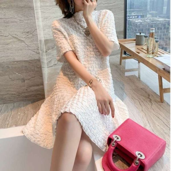 

summer dress 2020 languid heavy knit work jacquard pleated plaid cut back loose ruffle skirt, Black;gray