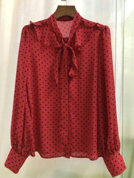 

new silk polka dot red women's shirt ribbon bow ladies long sleeve blouses and 1, White