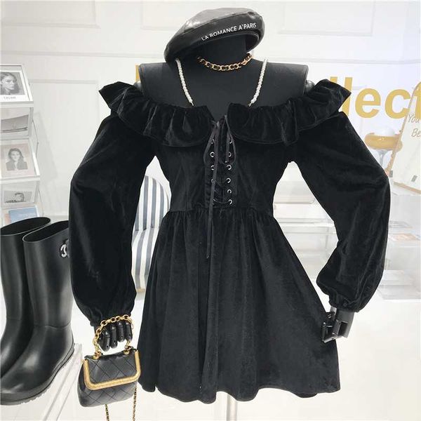 

casual dresses straight shoulder pin bead neck tie velvet dress women's winter 2021 niche design fashion retro versatile a-line, Black;gray