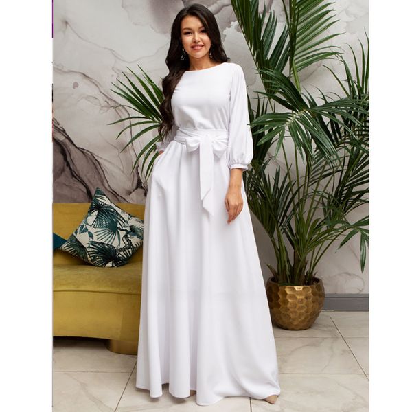 

women elegant party dress lantern sleeve o neck sashes solid dress women autumn maxi long party dress 201204, Black;pink