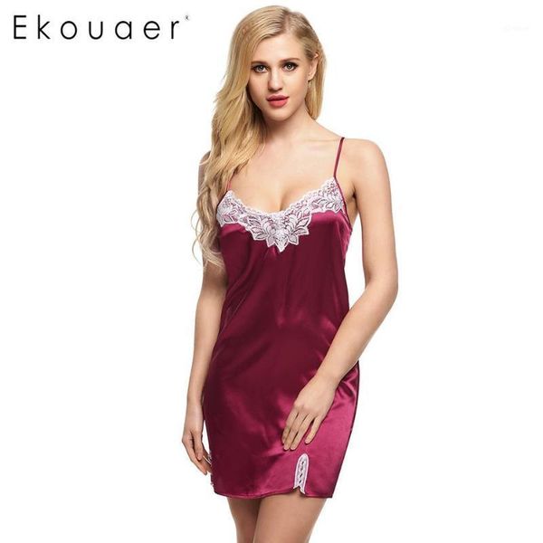 

ekouaer women nightgown satin lace splicing nightwear spaghetti strap night dress summer casual female home clothing1, Black;red