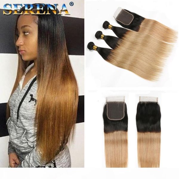 

indian virgin straight hair with closure ombre hair bundles with closure 1b 27 blonde bundles human hair ombre weave bundle with closure, Black;brown