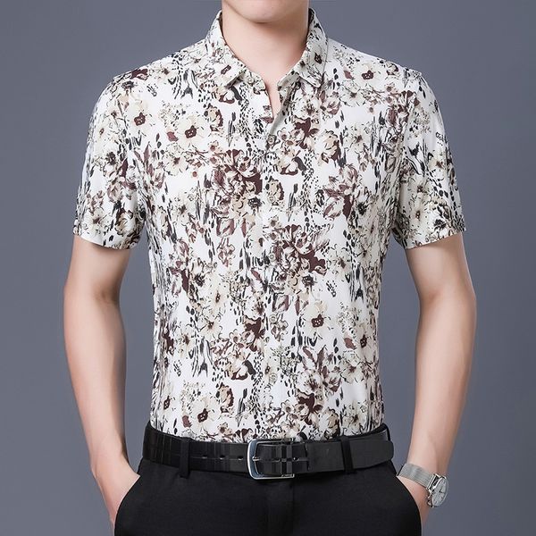

2021 new style 80% white male silk shirts short sleeve both sides print chinese nation flower beach summer clothes furr, White;black