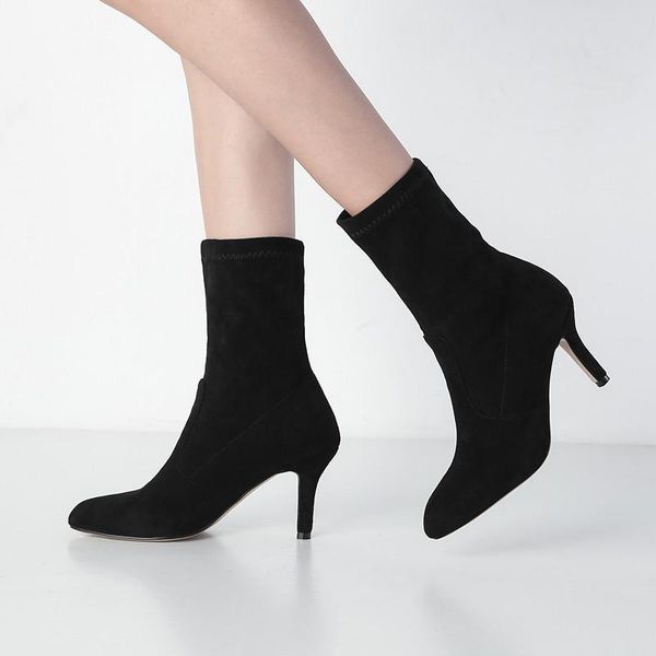 

boots ymechic 2021 ladys nubuck suede stiletto shoes women autumn winter stretch stocking thin high heels ankle short large size, Black