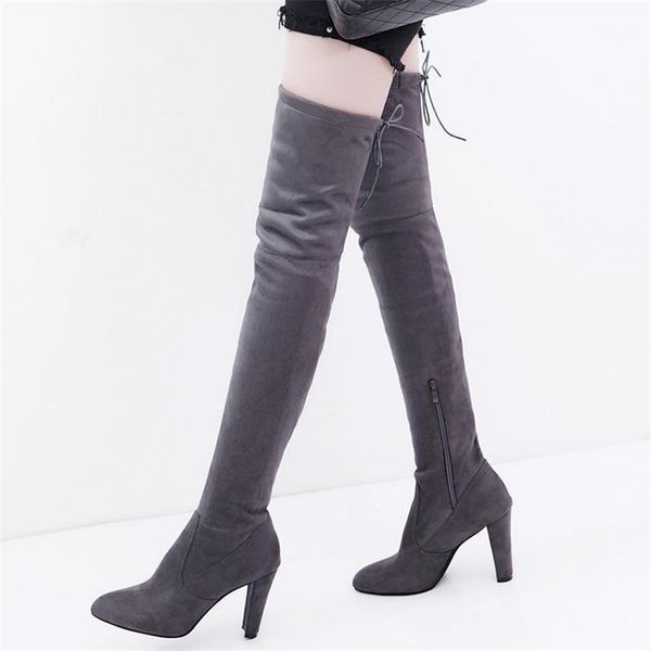 

2020 women knee high boots hoof high heels winter shoes round toe long boots elastic matte fabric women's size 35-431, Black