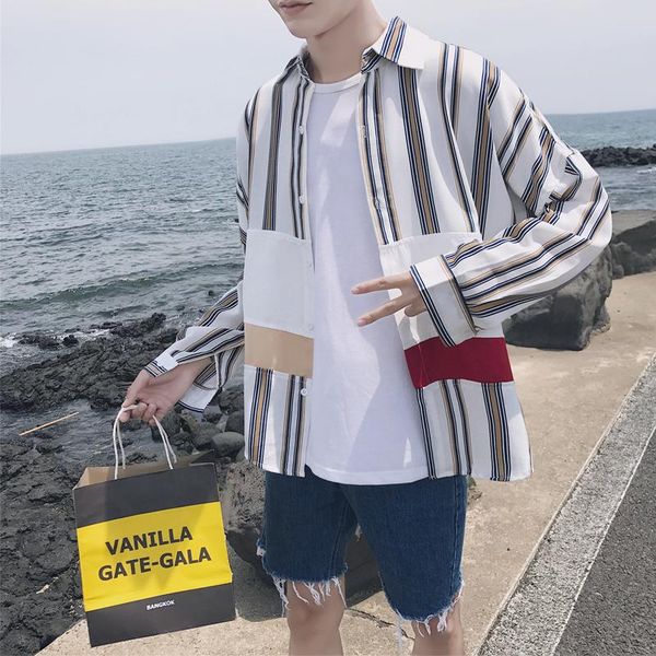 

2020 summer men's casual cotton clothes coats loose striped printing shirts homme short sleeves khaki/blue color shirts -2xl, White;black