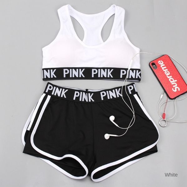 

summer yoga letter pink with chest pad without steel ring shockproof fake two piece quick dry pants summer suit yoga suitrunning fitness sui, Gray