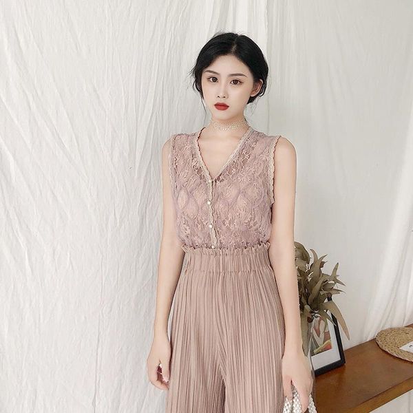 

2021 summer office lady sweet lace shirts sleeveless v neck single breast button fly v neck women lace blouses fashion wholesale, White