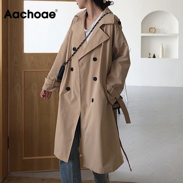 

aachoae elegant office solid trench coat women batwing long sleeve loose lady long coat with belt casual wide waisted trench 1031, Tan;black