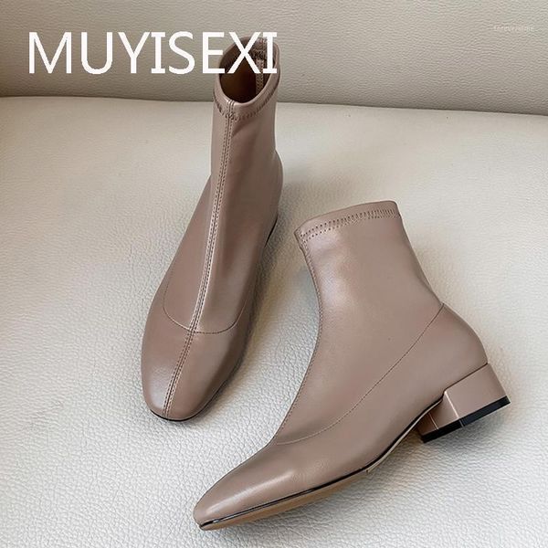 

boots slip-on ankle 4cm low square heels elastic round toe office women shoes black beige nude ming02 muyisexi1