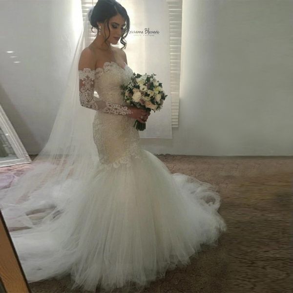 

long sleeve mermaid wedding dresses lace appliques off-shoulder vestidos de novia off-shoulder robe de mariage wedding gowns bride dress, White